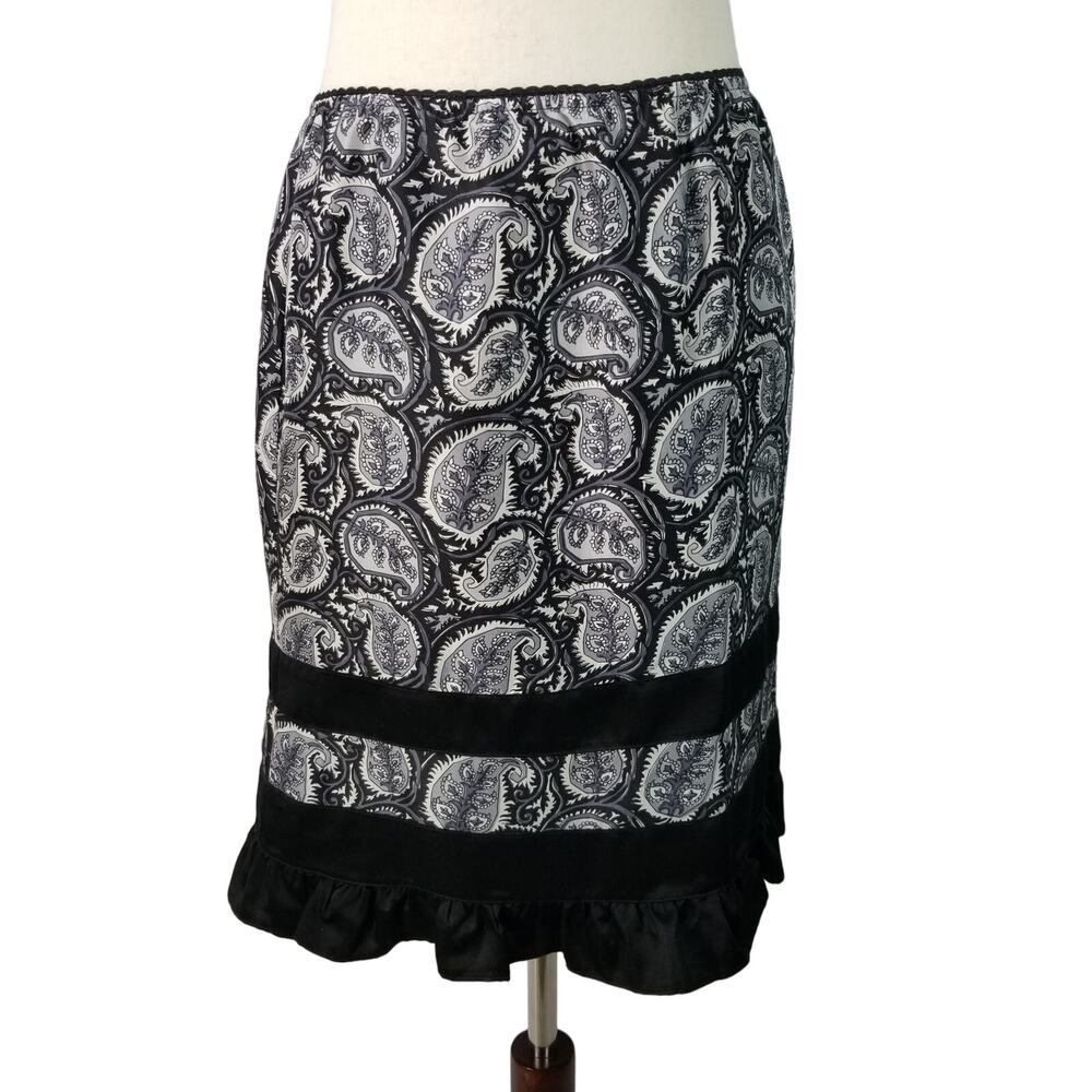 Nanette Lepore Black White Gray Silk Paisley Lined Ruffle Hem Vintage Skirt   2